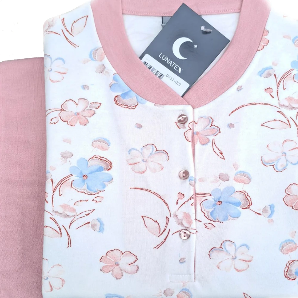 Lunatex dames pyjama interlock licht geruwd Flower roze